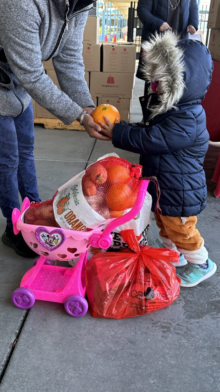 Adult giving child an orange